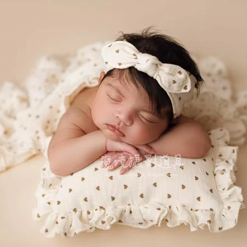 Newborn Photography Props Girls Florals Ruffles Posing Pilllow Wrap with Bow-knot Headband 3pcs Set Ins Props for Photoshoot