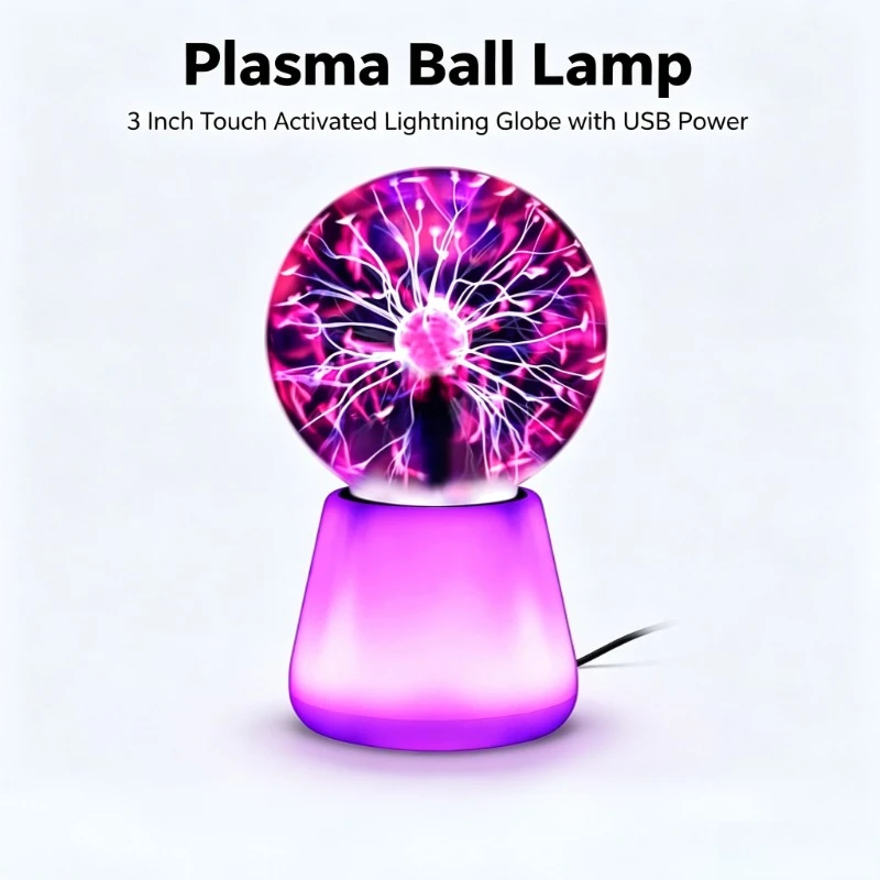 Plasma Ball Lamp, 3 Inch Touch Activated Lightning Globe with USB Power 7 Color Changing Mood Light for Party Decor