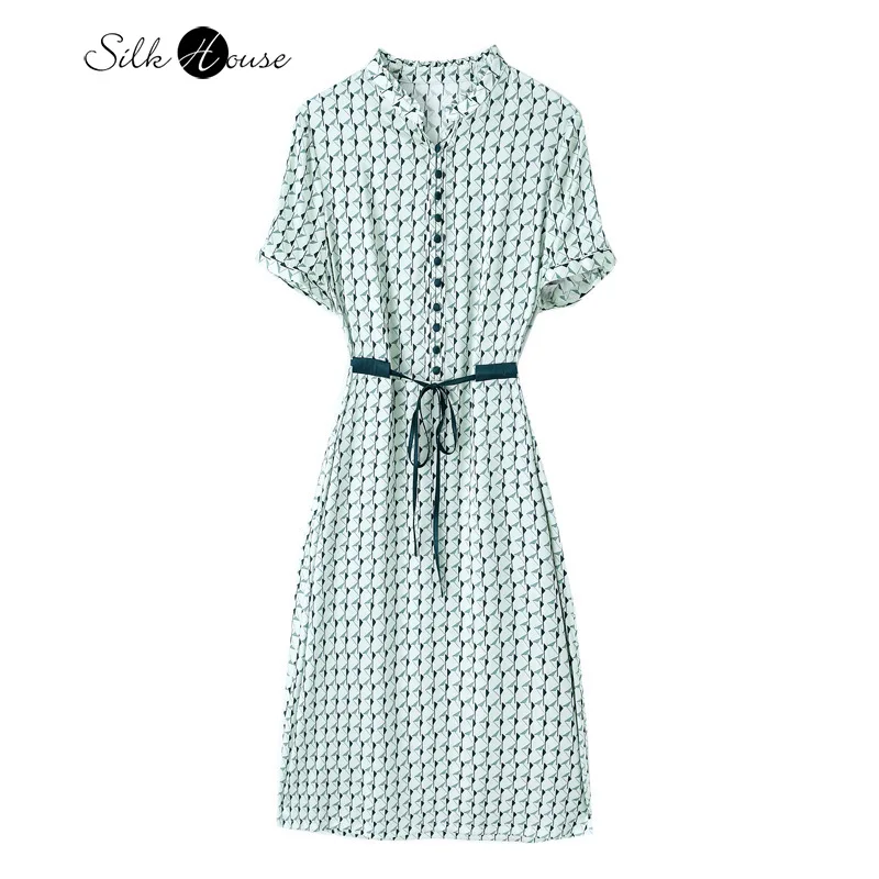

2026 Women's Fashion Spring/Summer New 91% Natural Mulberry Silk Elastic Satin Temperament Short Sleeved Printed Dress