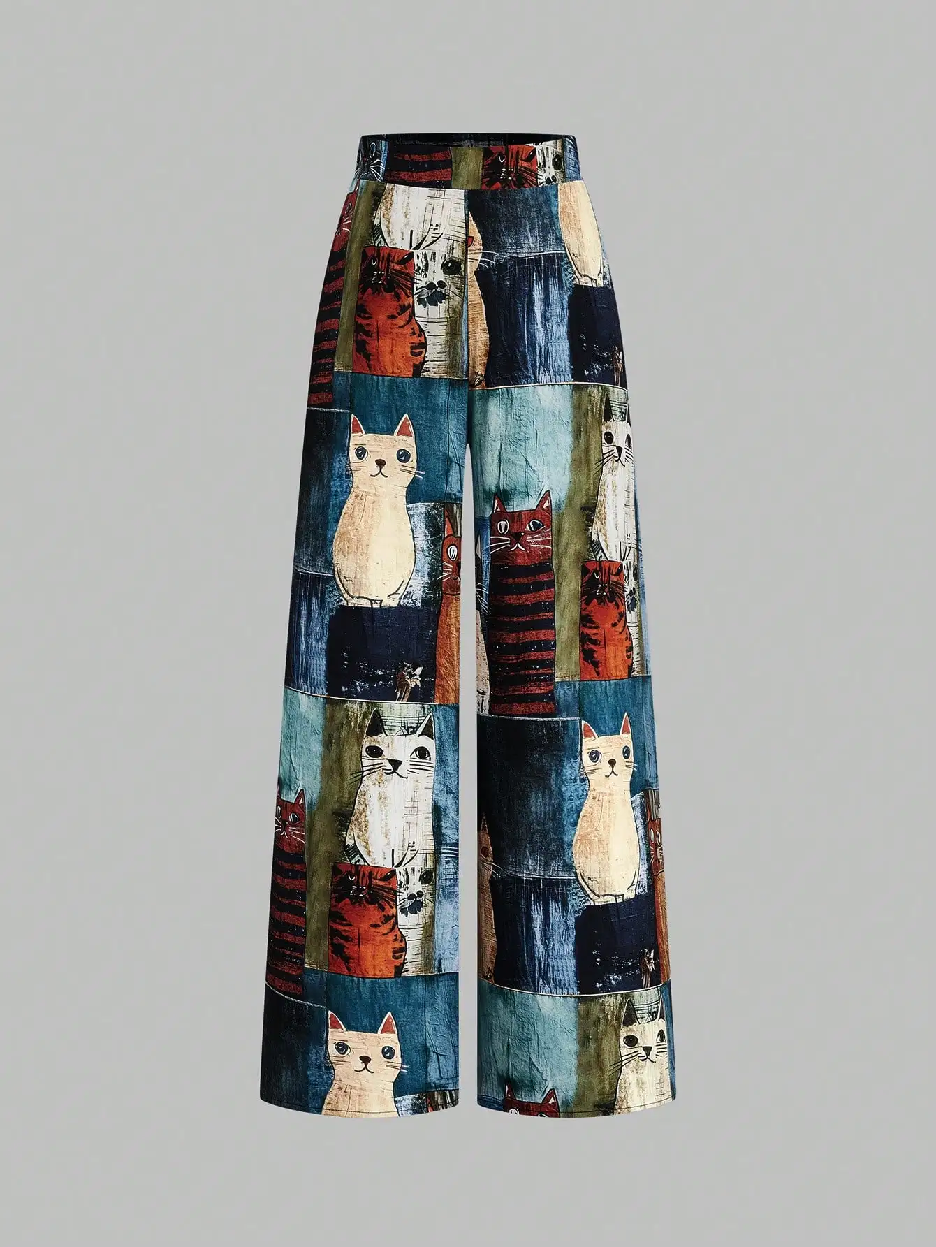 

Широкие брюки-палаццо с высокой талией, принтом кошек и элементами пэчворка для женщин, повседневные