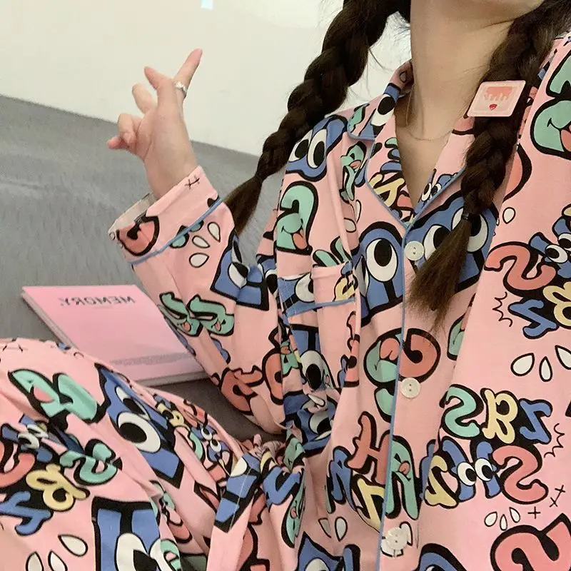 Ladies Spring Autumn Pajamas Long Sleeve Printed Sleepwear 2024 New Pyjamas Letter Cute Home Wear Loose Casual Nightdress Set
