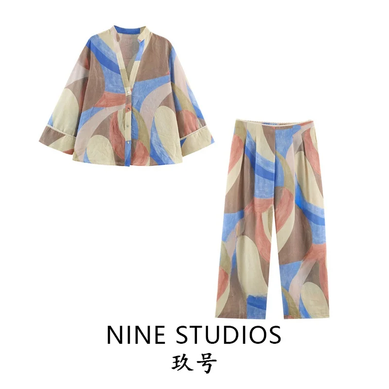 Short Printed Shirt Top Wide Leg Pants Long Trousers Fashionable Women's Set Four Seasons Suitable Brand New Winter Collection