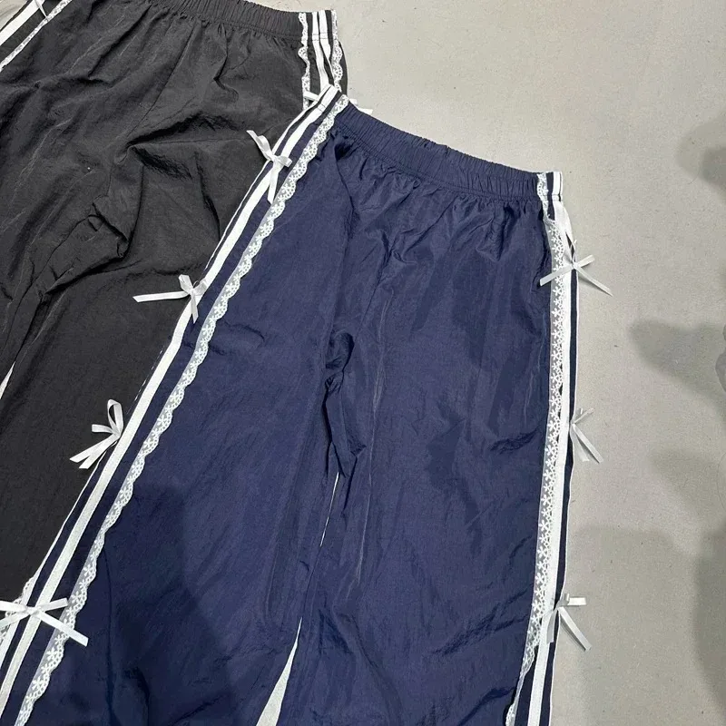 السراويل السوداء مرونة الخصر الدانتيل الأبيض حافة قطاع فراشة القدم Sweatpants النساء السراويل الرياضية النساء الفتيات ملابس كاجوال فضفاضة #4