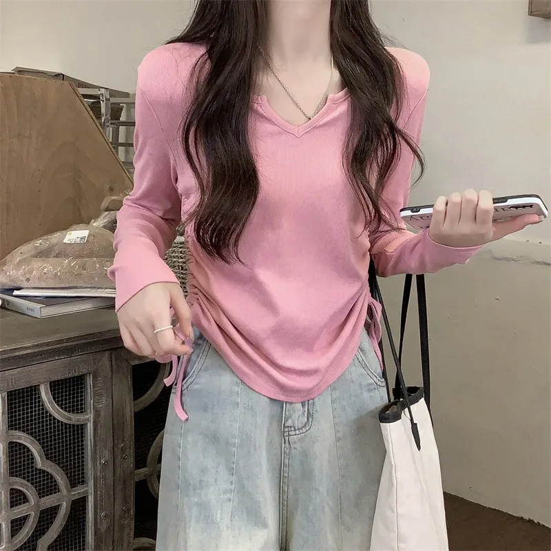 2026 New Autumn Women V Neck Drawstring Long Sleeve T Shirt Slim Fit Unique Design Chic Cropped Top Elegant Layering Undershirt