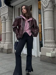 Chaqueta de cuero empalmado con cremalleras y solapa para mujer, abrigo Vintage de manga larga con bolsillos dobles, ropa de calle para otoño, 2023