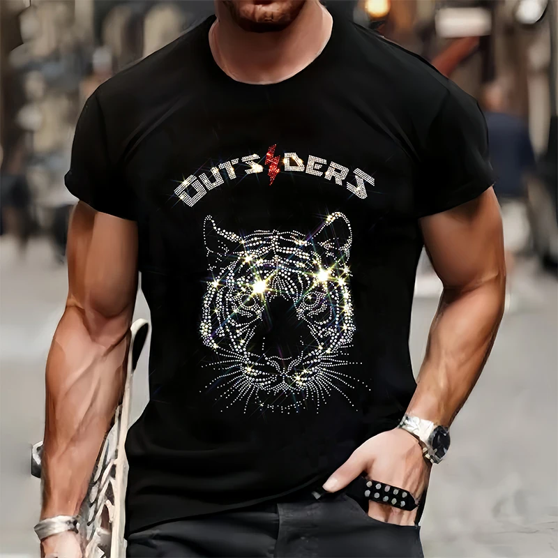 Luxury Men's Quality T-Shirts Summer Casual Street Short Sleeve Clothing Tee Tops O-Neck Tiger Rhinestone Breathable Tshirt Y2k