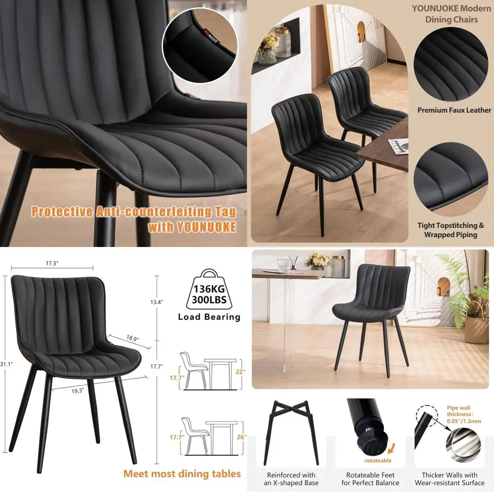 

Black Leather Upholstered Dining Chairs Set of 2, Minimalist Accent Chairs with Arms for Kitchen & Living Room