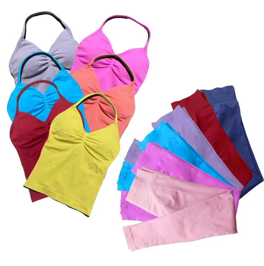 طقم يوجا مكون من قطعتين سترة برقبة للنساء وطماق من نفس اللون للتدريب على المقاومة والجري طقم سترة بدون خياطة