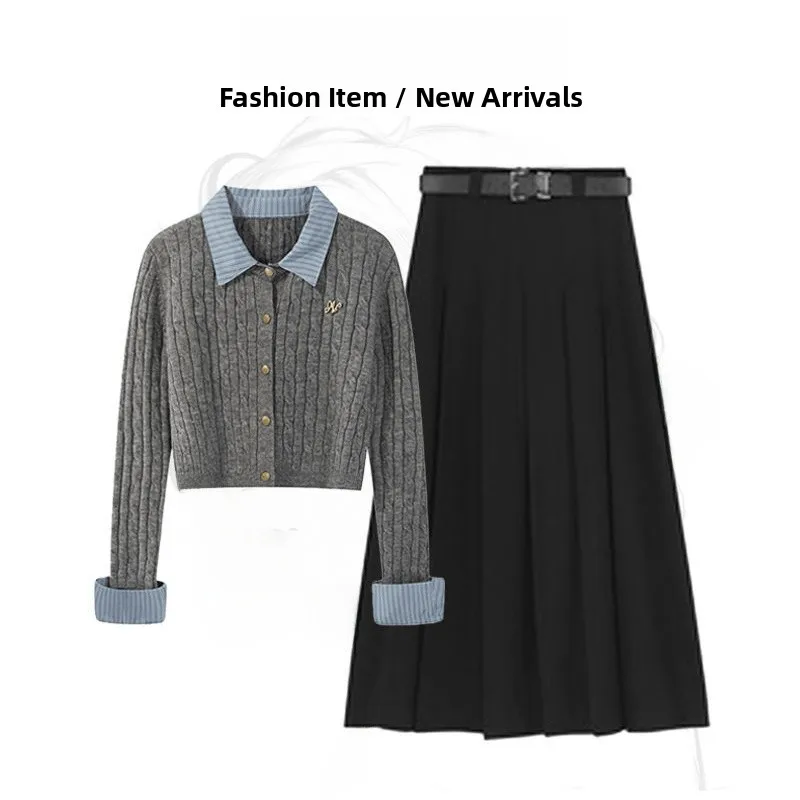 

Autumn Preppy Style Knitted Sweater And Skirt Set Women's Fashion Slimming High Waist Midi Skirt Fake Two-Piece Design