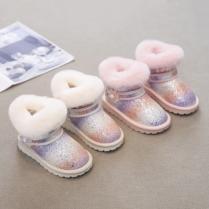 

Зимние сапоги с блестками 202, детская зимняя обувь на флисовой подкладке, новая детская флисовая теплая уличная обувь, модная хлопковая обувь принцессы