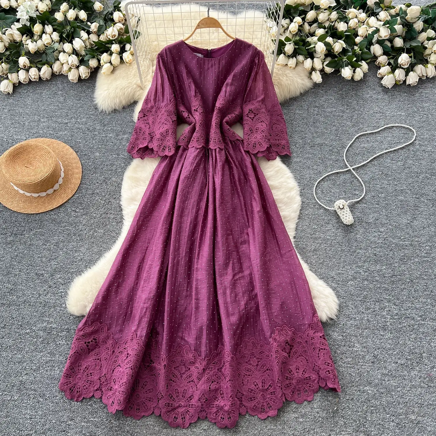 

Dress Women Long Dresses High Waist Vestidos Half Sleeve Round Neck Lace Elegant Splice Y2k Streetwear Hot Drilling Party Night