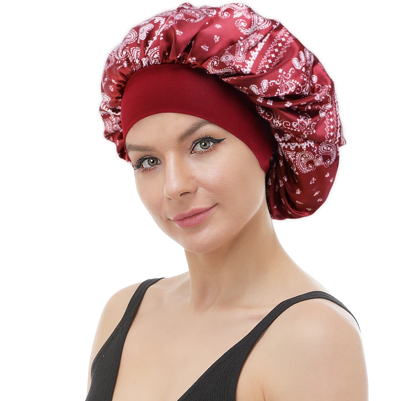 New Soft Satin Bonnet For Women Chemo Cap Paisely Pattern Night Sleep Silky Hat Wide Elastic Band Hair Care Head Cover Wholesale