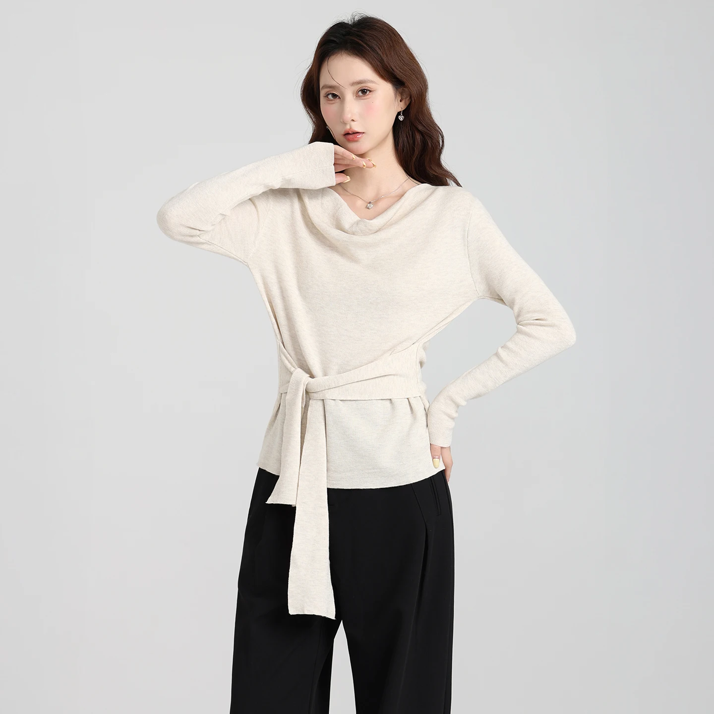 

Korean Sle Knitted Long Sve Base irt Women's Autumn Winter New Design Sense Waist Inward Slimming Top with Tie
