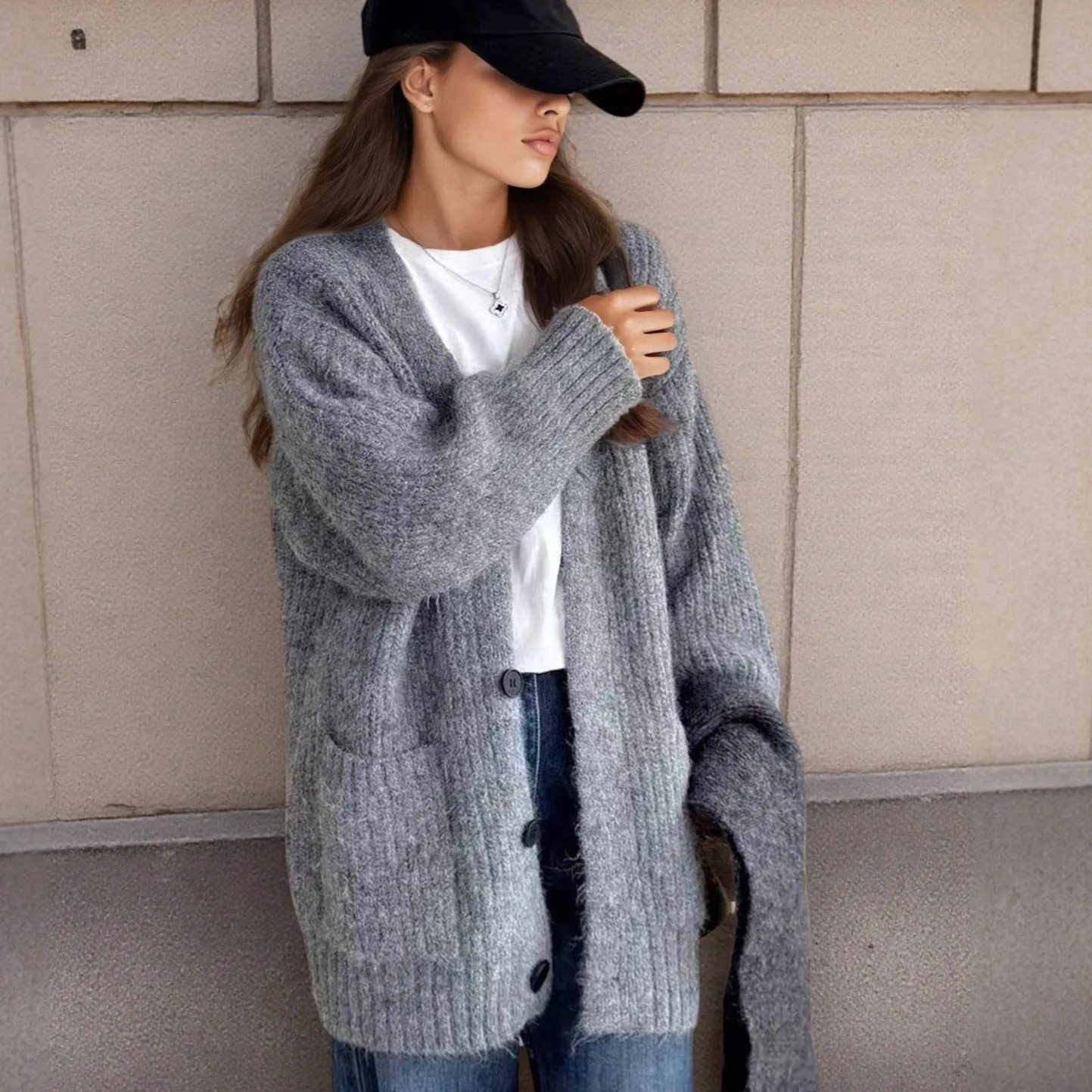 

2025 Autumn Winter Women's Clothing New Style V-Neck Versatile Cardigan Sweater Mid-Length Knitwear Solid Color Long Sleeve