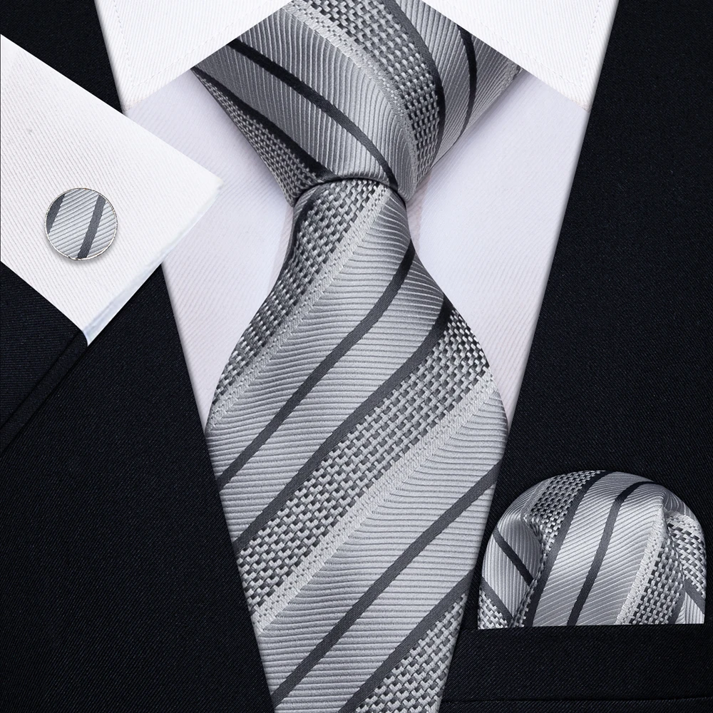 Männer Schwarz Weiß Grau Krawatten Gestreiften Paisley Floral Hochzeit Formale Krawatte Taschentuch Manschettenknöpfe Geschenk Dropship – Detail 4