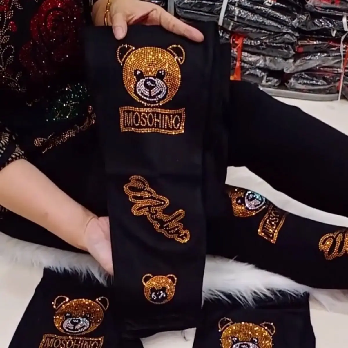 Sequin Bear Print High Waist Plus Size Pencil Trousers Shiny Black Women's Leggings Pants