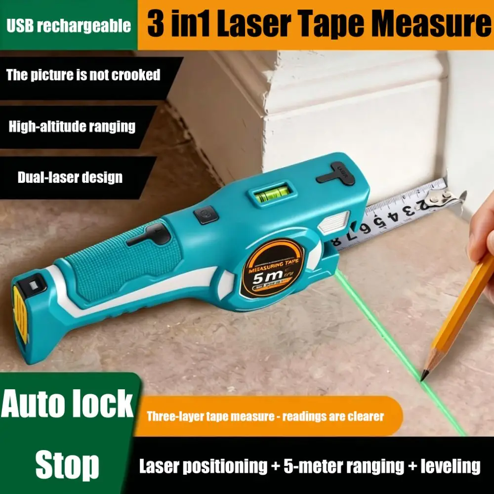 3-in-1 Laser Tape Measure High Precision Rechargeable Laser Distance Meter Retractable Multifunctional Digital Laser Rangefinder