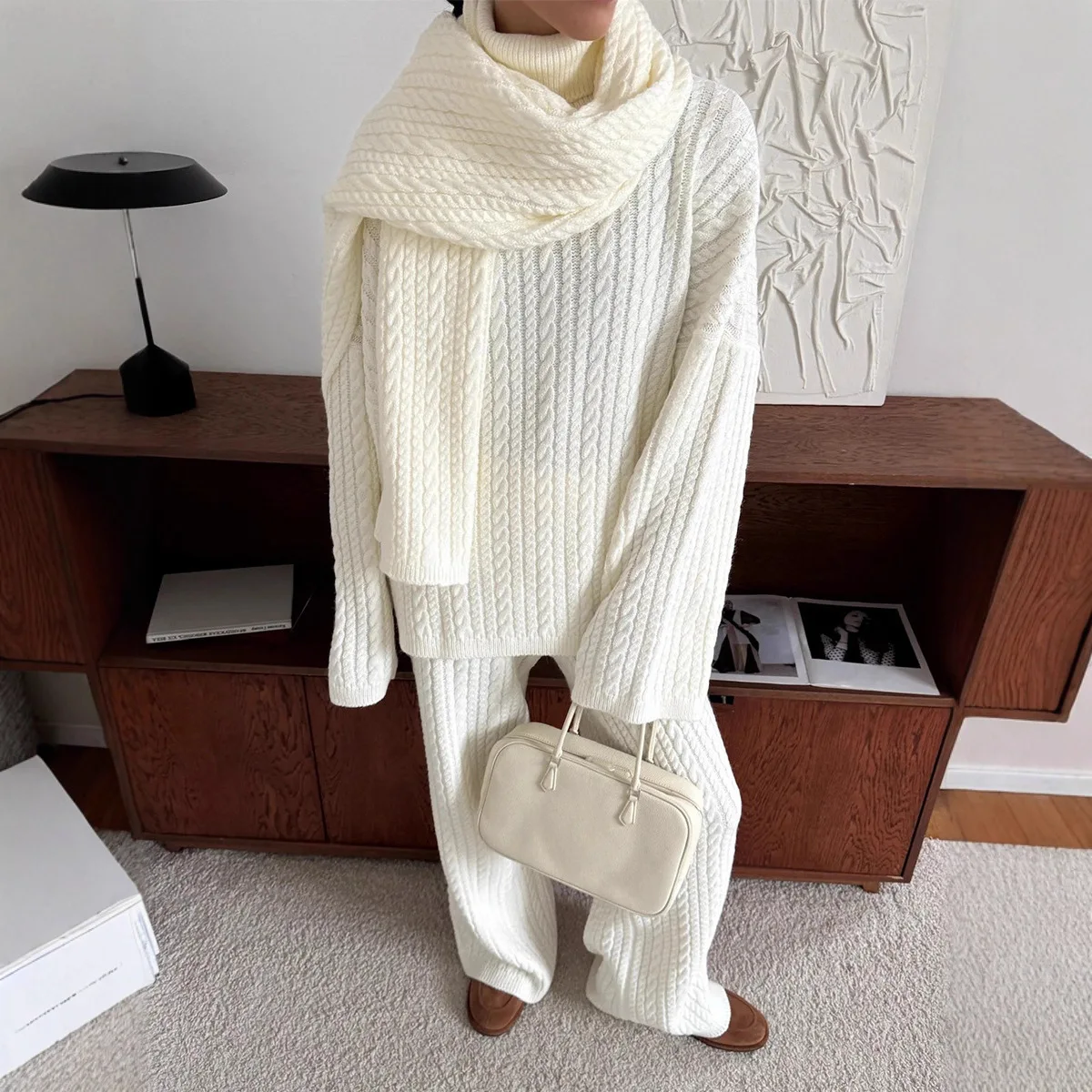 

Stylish Women's 2 Piece Sets Spliced Turtleneck Cable Knit Long Sleeve Lady's Sweater Comfortable Knitted Pants For Female