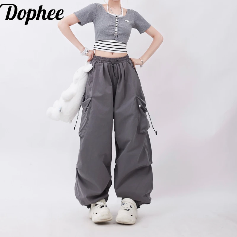 

Dophee Drawstring Elastic Waist Cargo Pants for Women Spice Girls Dopamine Multi Pockets Folds Design Casual Dance Trousers