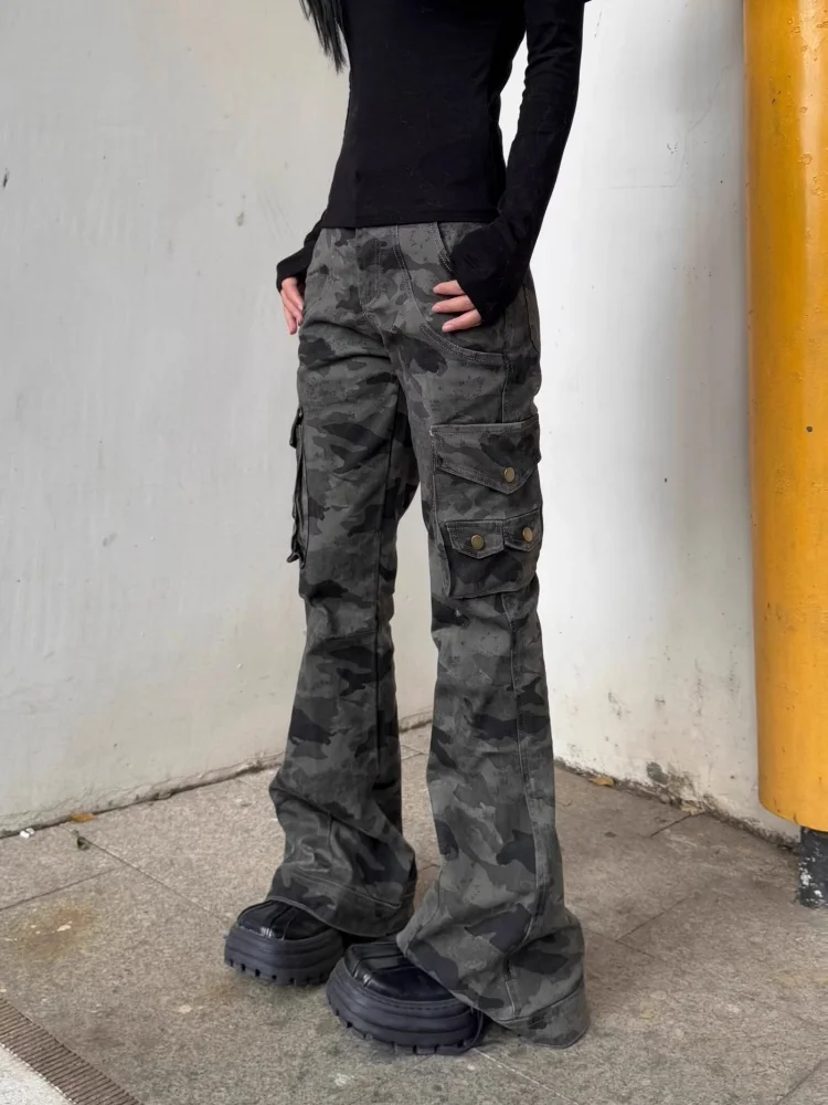 2025 Cyber Y2K Streetwear Camouflage Slim Flare Cargo Jeans Broek Voor Vrouwen Kleding Multi Zakken Dame Lange Broek Ropa Mujer