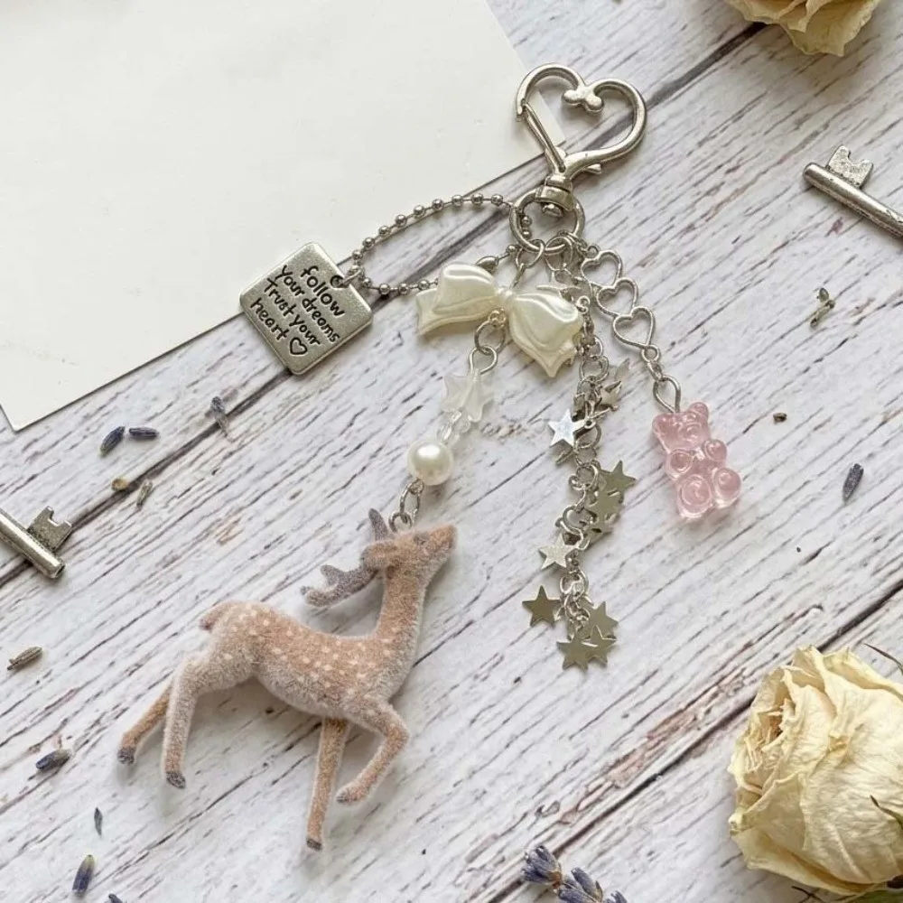 Fawn Backpack Decor Flocked Deer Key Chain Miniature Floral Flocked Pendant Exquisite Handmade Animal Bag Charm Women