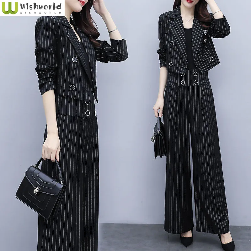 

2022 New Spring and Autumn Korean Fashion Temperament Set Stripe Short Coat Wide Leg Pants Elegant Women's Two Piece Set