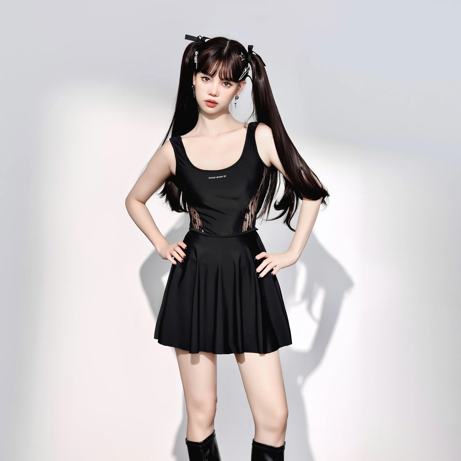 New Black Sports Conservative Leisure Dress Swimsuit Girls Elegant Gauze Splicing Beach Seaside Vacation Simple Vest Swimwear