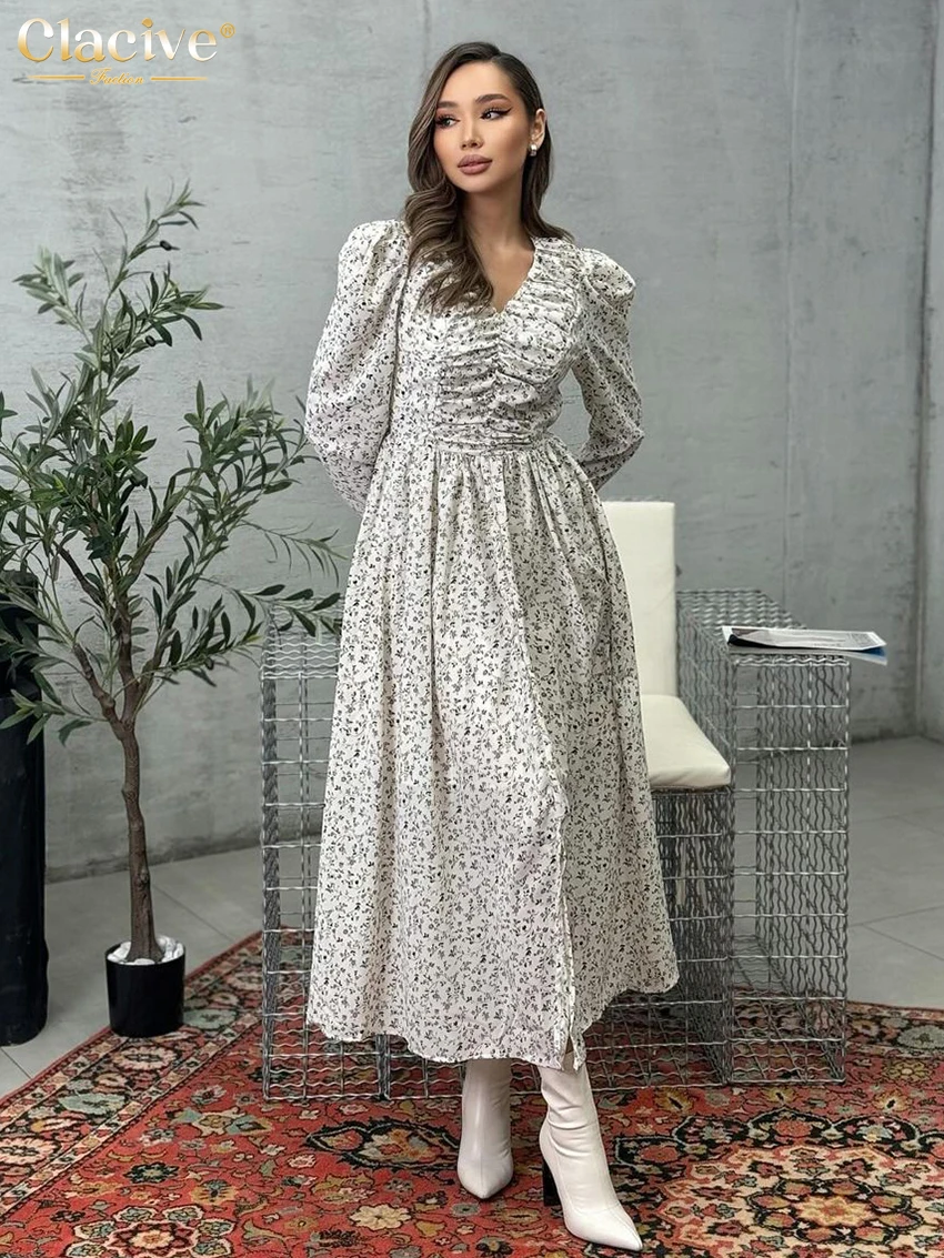 

Clacive Fashion Loose Print Women Dress Vintage V-Neck Long Sleeve Ankle Length Dresses Elegant Classic High Waist Female Dress