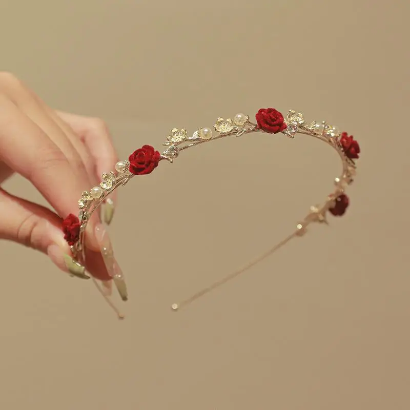 Romantic Wedding Red Rose Women Hair Hoops Bridals Hairbands 2023 Newest Thin Luxury Metal Flower Headbands Headdress Wholesale