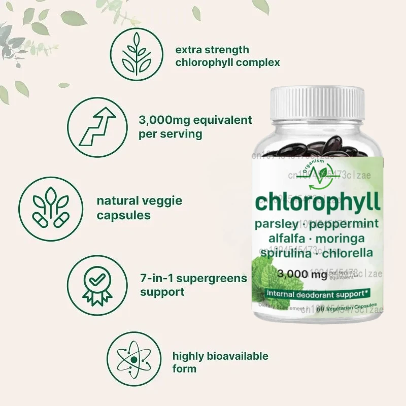 

Chlorophyll 3000mg Contains Alfalfa, Moringa, Spirulina, and Chlorella - Internal Deodorizer -60 Capsule
