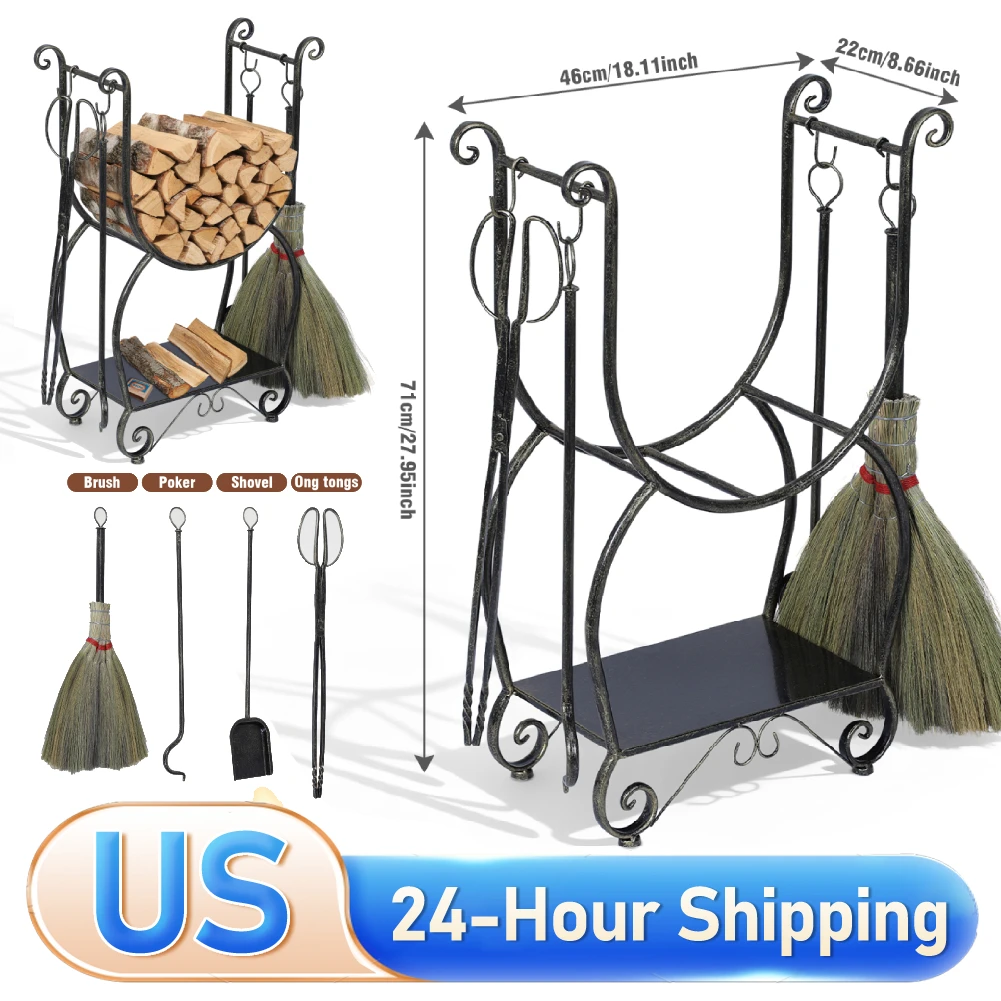 مجموعات منظم رف الحطب المتنقلة مع 4 أدوات مدفأة حامل سجل نحاسي أسود حامل مكدس قابل للتعديل لا حاجة للتثبيت