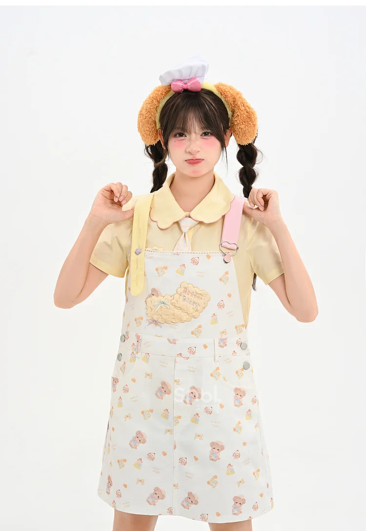 2025 여름 신상 스윗하고 인기있는 루즈핏 곰 프린트 스트랩 드레스 미니 여성용 옐로우 타이 칼라 반팔 셔츠
