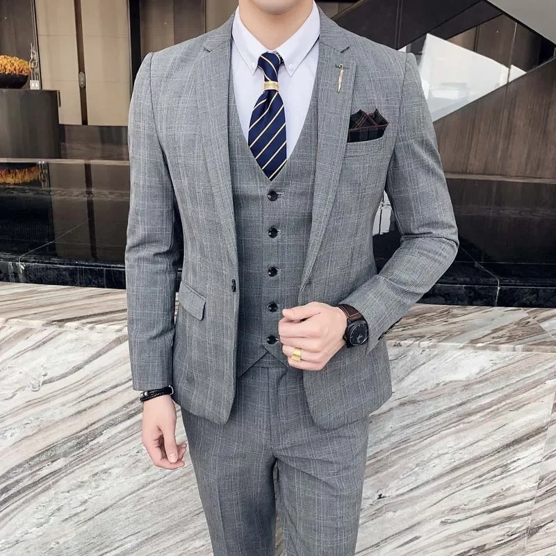 New Fashion Suit Suit Men\'s Suit Three-piece British Casual Business Wedding Dress Slim Groom Trend  Blazers Costume Homme