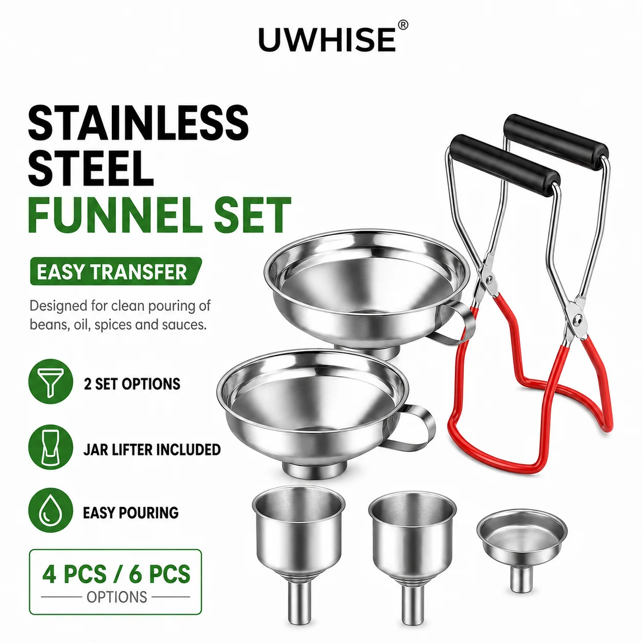 Uwhise 4/6 Pack Stainless Steel Canning Funnel Set With Jar Lifter Tongs Wide Mouth Kitchen Transfer Tools For Jam Oil Sauce