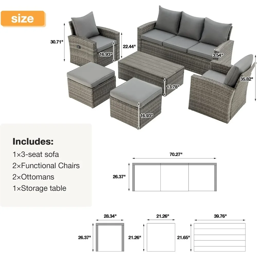 6 Piece Outdoor Patio Funiture Set,Outdoor Sectional Recliner Sofa High Back Wicker Seating with 2 Ottomans,All Weather Cushions