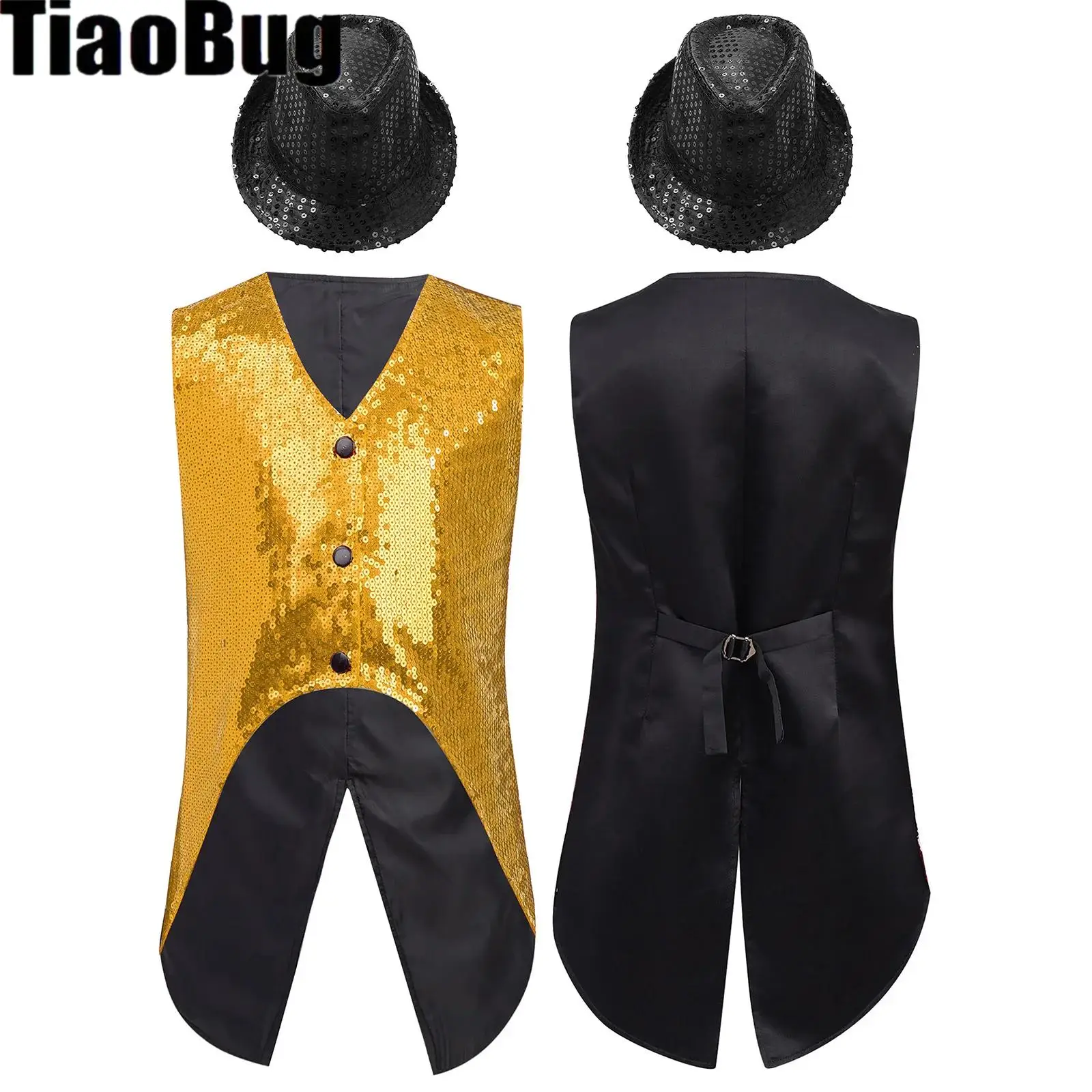 

Girls Boys Shiny Sequin Vest Formal Suit Jacket with Hat Sleeveless Asymmetrical Waistcoat for Birthday Party Banquet Jazz Dance