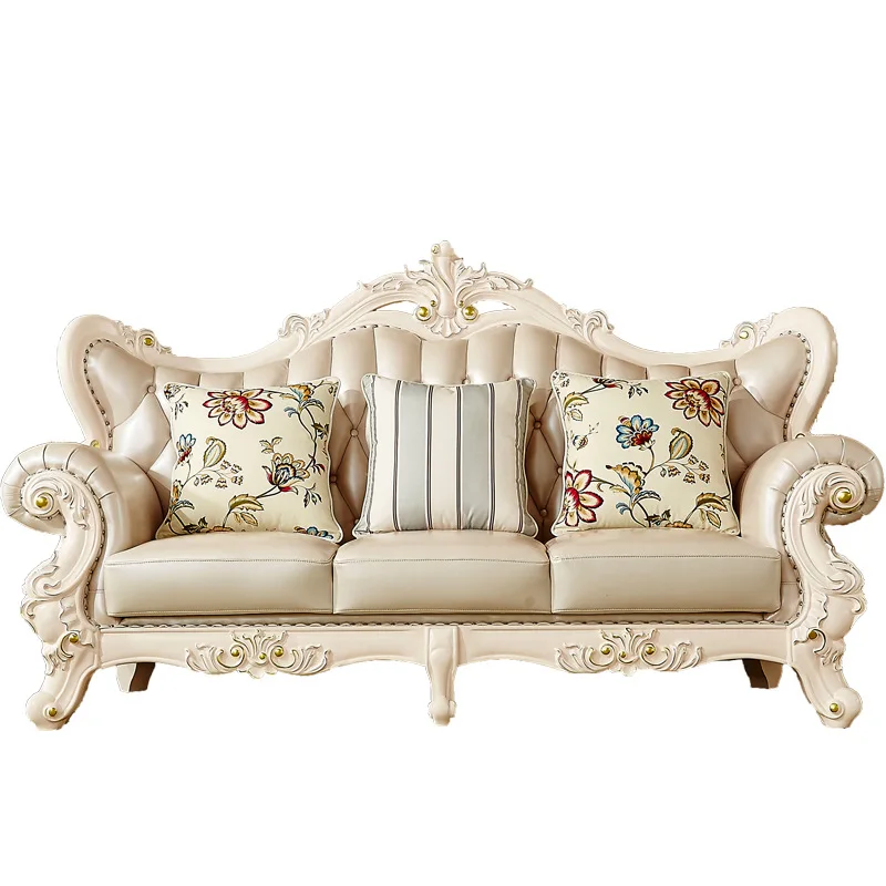 European leather sofa French double-sided carved sofa living room furniture villa set combination