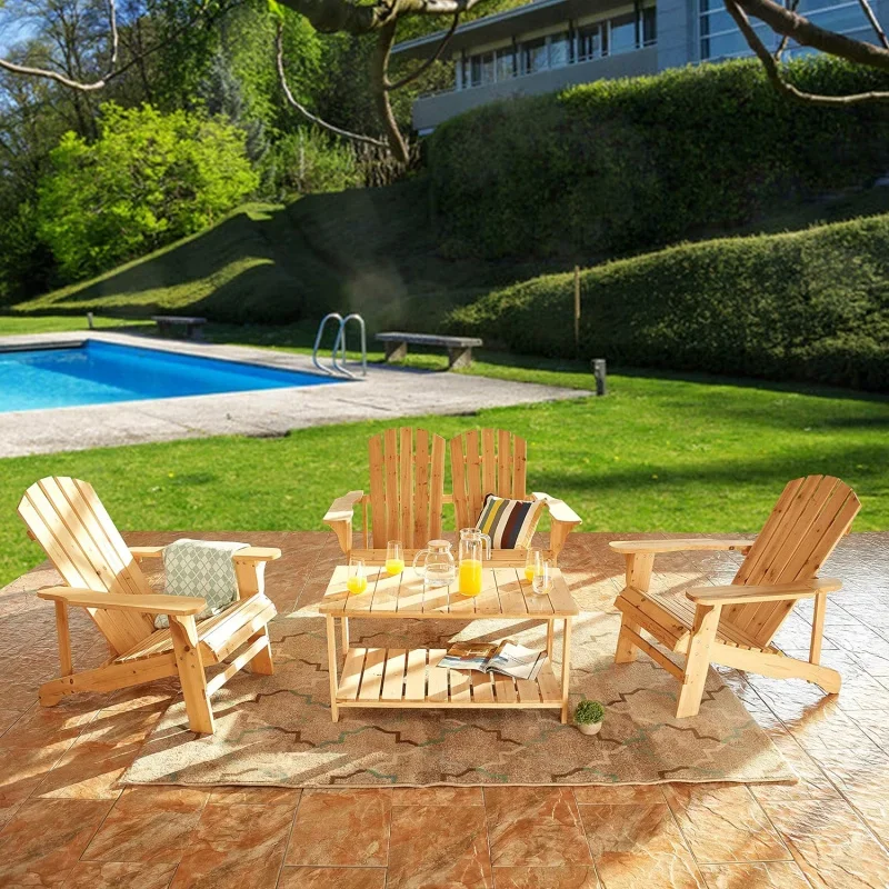 4-Piece Patio Adirondack Chair Set Outdoor Fir Wooden Chairs Include 1 Widened Armrest Loveseat, 2 Single Chairs and 1 Coffee Si