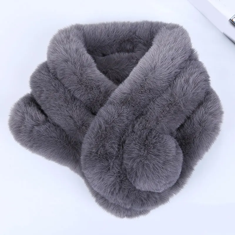 

Luxury Scarf Female Autumn and Winter New Fur Rabbit Fur Plush Thick Warm Scarf Solid Color Fur Ball Cross for Student Children