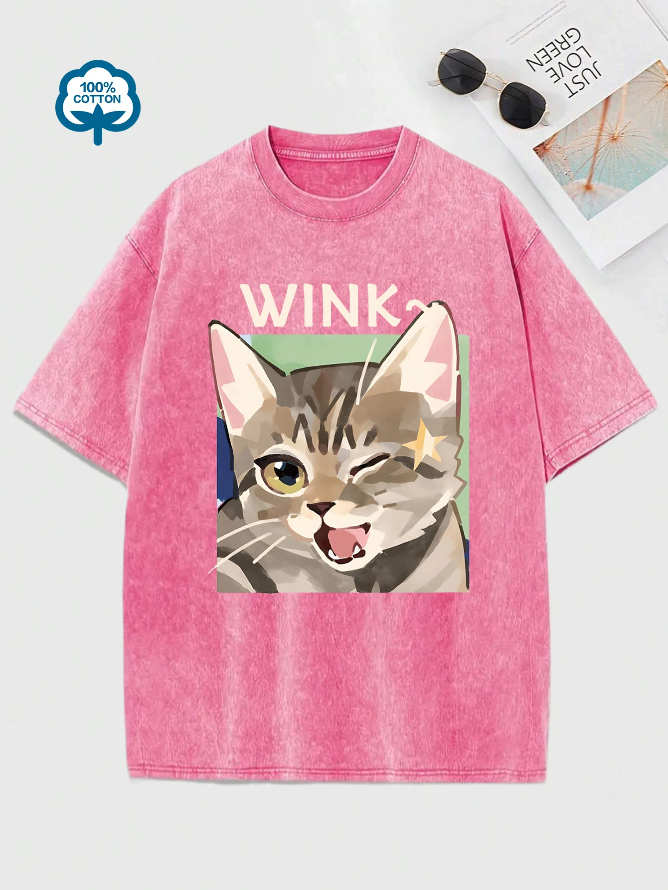 Wink Cute Cartoon Cat Prints  Women Washed T-Shirt Casual Cotton T Shirts All-Match Comfortable Tee Top Summer Short Sleeve