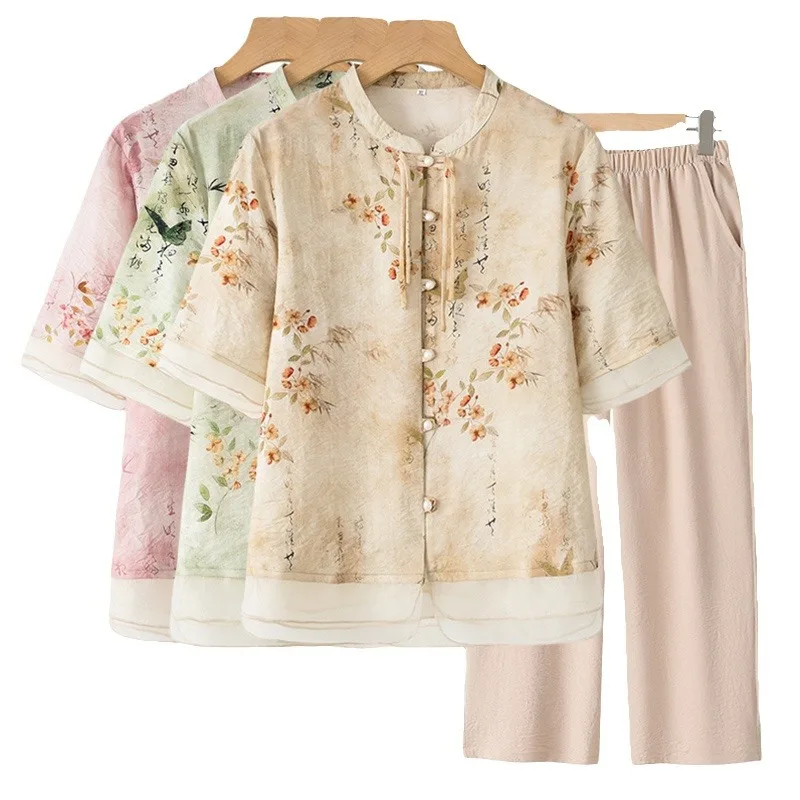 New Chinese Style Printed Tang Suit Traditional Casual Uniform Summer Short Sleeved Cardigan Pants Outfit Vintage Button Hanfu
