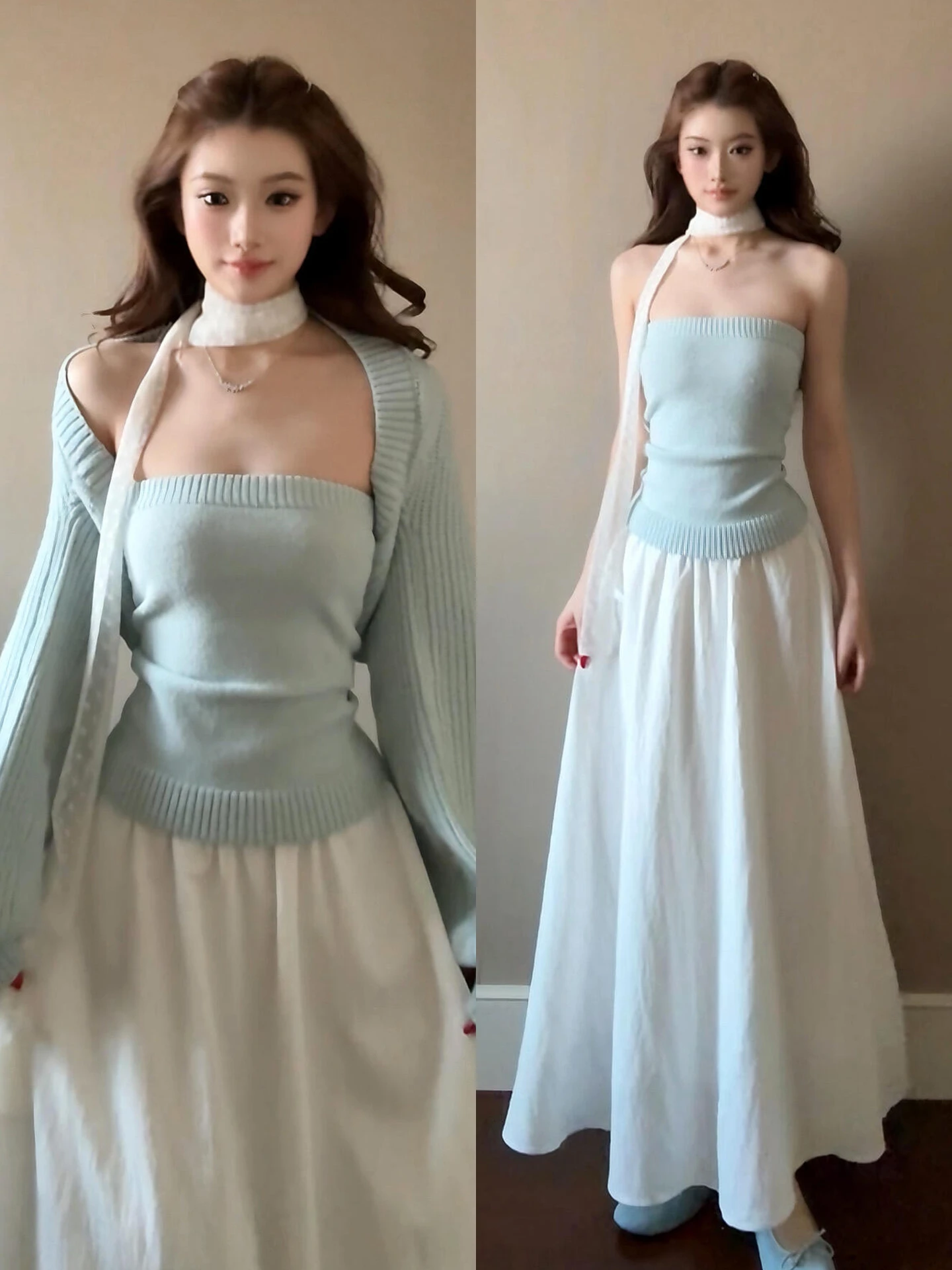 

Blue Knitted Sweater Set Women's Spring 2026 New Sle Lazy Faion Two-Piece Suite Sweet Sle Regular Fit Warmth Heating