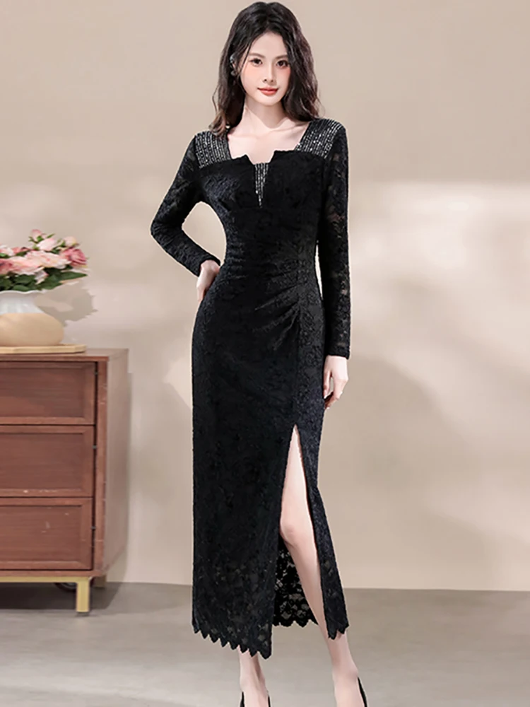 

Autumn Winter Black Lace Chic Diamonds Square Collar Long Dress Women Vintage Hepburn Dress 2025 Korean Elegant Luxury Vestidos