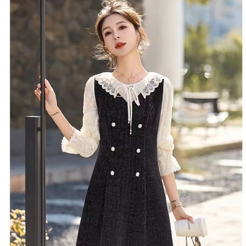 

Long Sleeved Dress Women's Spring New Style Elegant and Refined Slim and Slimming Spliced and Contrasting A-line Skirt