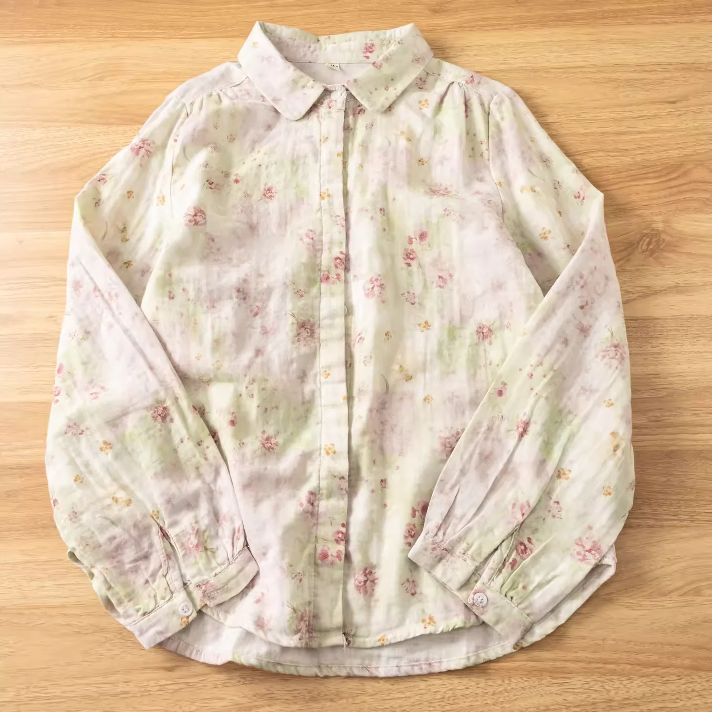 Enianechu Youth women\'s blouses Japanese art style cotton yarn blue green print shirts and blouses for women autumn ladies tops