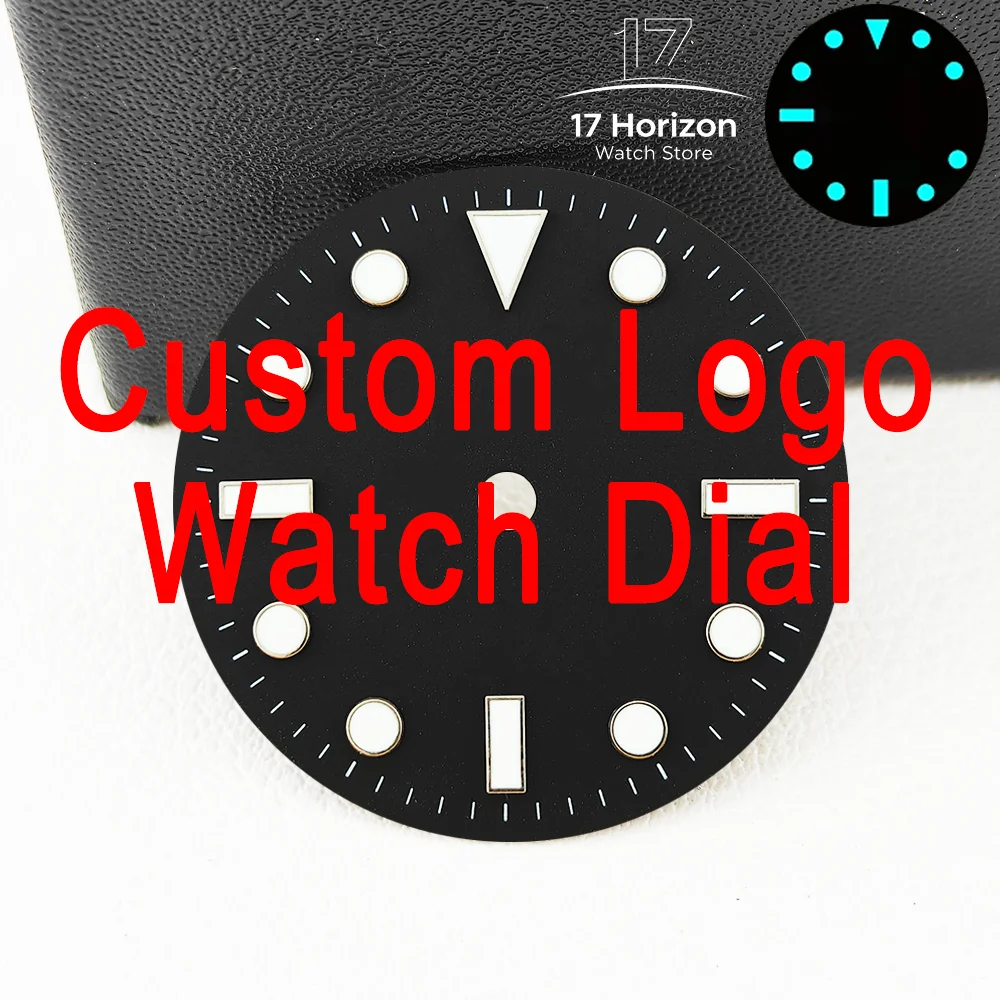NH35 Individuell gestaltete Logo-Uhrenzifferblätter 28,5 mm für NH35 NH36, blau leuchtende Zeiger, Zifferblatt, Kalender, individuell gestaltete Uhr, NH35-Zifferblatt-Zubehör