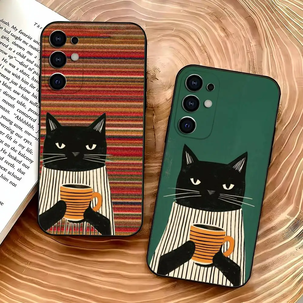 Striped Coffee Cat Phone Case For Samsung S26,S25,S24,S21,S22,S23,Ultra,S20,Plus,Soft Silicone Black Cover