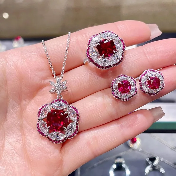 S925 sterling silver stud earrings ring necklace set full of diamonds flower simple atmosphere time classic flower set