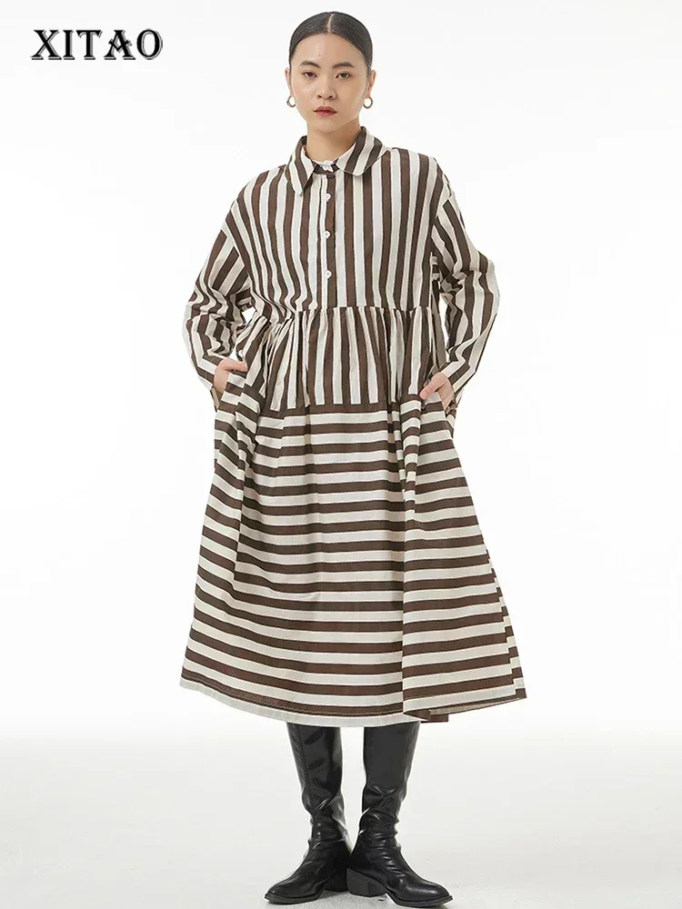 

XITAO Striped Full Sleeve Dress Contrast Color Loose Casual Appear Thin Single Breasted 2025 Spring Women New Dress DMJ2672
