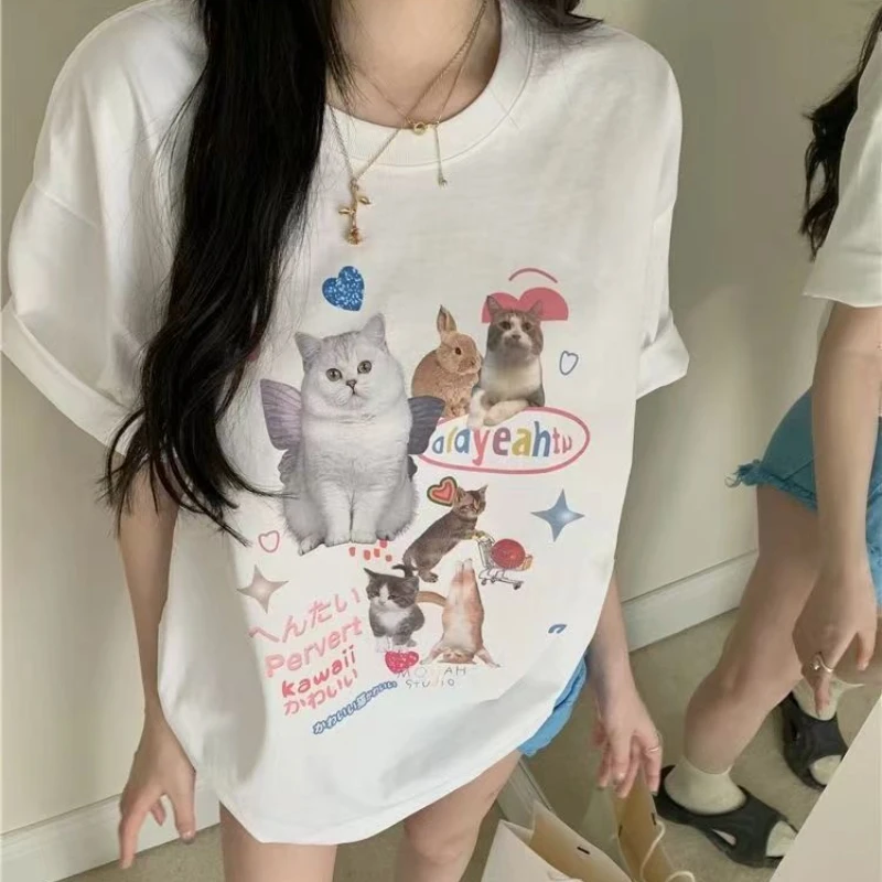 

Deeptown Kawaii Cartoon T-shirt Women Harajuku Cat Print White Loose Short Sleeve Cute Y2k Fashion Casual Streetwear Summer Tops